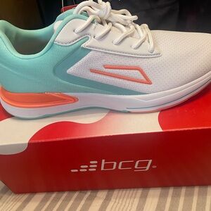 BCG White and Turquoise Sneakers with Red Highlights